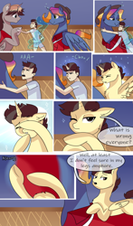 Size: 1824x3108 | Tagged: safe, artist:xjenn9fusion, commissioner:bigonionbean, writer:bigonionbean, oc, oc:aerial agriculture, oc:earthing elements, oc:king speedy hooves, oc:tommy the human, species:alicorn, species:human, species:pony, comic:fusing the fusions, comic:time of the fusions, alicorn oc, alicorn princess, canterlot, canterlot castle, child, clothing, comic, dialogue, father and son, female, fusion, fusion:aerial agriculture, fusion:earthing elements, fusion:king speedy hooves, grandparents, hat, hugging a pony, human oc, human to pony, husband and wife, kissing, magic, male, mare, nuzzling, royalty, ruffled hair, semi-grimdark series, sneezing, stallion, suggestive series, transformation