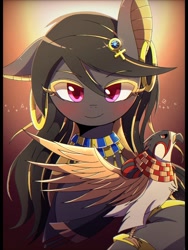 Size: 768x1024 | Tagged: safe, artist:erufi, species:bird, species:earth pony, species:pony, anubis, blushing, ear piercing, earring, egyptian, falcon, female, horus, jewelry, looking at you, mare, piercing, solo