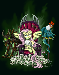 Size: 1254x1600 | Tagged: safe, artist:tarkron, character:angel bunny, character:fluttershy, species:cockatrice, species:pegasus, species:pony, species:rabbit, animal, badass, dead, evil doers art contest, evilshy, flutterbadass, skull, spider, throne, timber wolf
