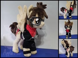 Size: 1024x767 | Tagged: safe, artist:appledew, species:pegasus, species:pony, armband, clothing, commission, frown, glasses, irl, jacket, male, mikey way, my chemical romance, photo, plushie, ponified, scarf, solo, spread wings, stallion, standing, wings, wristband