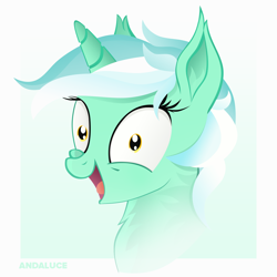 Size: 1500x1500 | Tagged: safe, artist:andaluce, derpibooru original, character:lyra heartstrings, species:pony, species:unicorn, bust, excited, female, gradient background, happy, irrational exuberance, looking at you, mare, neck fluff, open mouth, portrait, smiling, solo, wide eyes