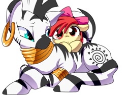 Size: 800x600 | Tagged: safe, artist:nabe, character:apple bloom, character:zecora, species:earth pony, species:pony, species:zebra, adorabloom, cuddling, cute, duo, featured on derpibooru, female, filly, floppy ears, hnnng, leaning, lidded eyes, looking at you, prone, simple background, smiling, snuggling, white background, wide eyes, zecorable
