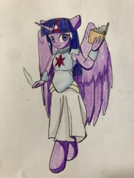 Size: 3024x4032 | Tagged: safe, artist:ponime11, character:twilight sparkle, character:twilight sparkle (alicorn), species:alicorn, species:anthro, species:pony, species:unguligrade anthro, anatomically incorrect, armor, book, clothing, female, incorrect leg anatomy, looking at you, skirt, solo, traditional art, wings