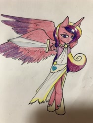 Size: 3024x4032 | Tagged: safe, artist:ponime11, character:princess cadance, species:alicorn, species:anthro, species:pony, species:unguligrade anthro, anatomically incorrect, clothing, female, incorrect leg anatomy, looking at you, pointing, solo, spread wings, sword, traditional art, weapon, wings