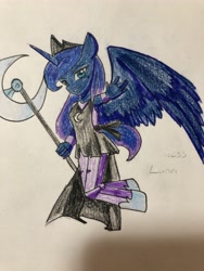 Size: 3024x4032 | Tagged: safe, artist:ponime11, character:princess luna, species:alicorn, species:anthro, species:pony, species:unguligrade anthro, anatomically incorrect, clothing, female, incorrect leg anatomy, looking at you, scepter, solo, spread wings, traditional art, wings