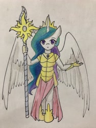 Size: 3024x4032 | Tagged: safe, artist:ponime11, character:princess celestia, species:alicorn, species:anthro, species:pony, species:unguligrade anthro, anatomically incorrect, armor, clothing, cute, female, incorrect leg anatomy, looking at you, scepter, shoes, side slit, skirt, solo, spread wings, traditional art, wings
