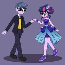 Size: 1400x1400 | Tagged: safe, artist:mew-me, character:microchips, character:twilight sparkle, character:twilight sparkle (scitwi), species:eqg human, ship:microlight, my little pony:equestria girls, bare shoulders, clothing, dress, female, gala dress, male, shipping, sleeveless, straight, strapless