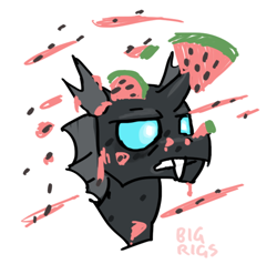 Size: 650x620 | Tagged: safe, artist:bigrigs, species:changeling, bust, changeling loves watermelon, food, melon, portrait, solo, uhh, watermelon