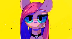 Size: 1100x600 | Tagged: safe, artist:poneko-chan, character:pinkamena diane pie, character:pinkie pie, species:pony, bandage, choker, simple background, smiley face, yellow background