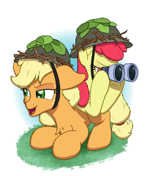Size: 2750x3250 | Tagged: safe, artist:litrojia, character:apple bloom, character:applejack, species:earth pony, species:pony, episode:going to seed, g4, my little pony: friendship is magic, apple sisters, binoculars, cheek fluff, chest fluff, duo, female, filly, helmet, leaves, mare, open mouth, siblings, simple background, sisters, smiling, white background