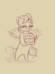 Size: 774x1032 | Tagged: safe, artist:coldtrail, oc, unnamed oc, species:pegasus, species:pony, bipedal, chibi, doodle, female, hair, holding, lineart, sign, simple, simple background, solo, standing, text, unamused, will x for y