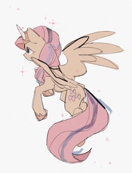 Size: 783x1024 | Tagged: safe, artist:poneko-chan, character:fluttershy, species:pony, celestia costume, fake horn, flying, simple background, sparkles, spread wings, white background, wings