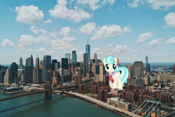 Size: 3366x2242 | Tagged: safe, artist:drewdini, character:coco pommel, species:pony, building, city, cocobetes, cute, female, giant pony, irl, macro, manhattan, mare, new york, photo, ponies in real life, sky, skyline