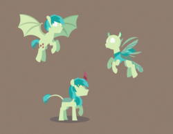 Size: 3242x2512 | Tagged: safe, artist:gd_inuk, character:sandbar, species:bat pony, species:changeling, species:kirin, species:pony, species:reformed changeling, bat ponified, batbar, blank eyes, brown background, changedlingified, changelingified, empty eyes, eyes closed, flying, happy, kirin-ified, lineless, male, no mouth, no pupils, race swap, simple background, solo, species swap, spread wings, stylized, wings