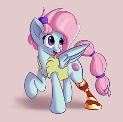 Size: 2540x2524 | Tagged: safe, artist:qbellas, character:kerfuffle, species:pegasus, species:pony, friendship is magic: rainbow roadtrip, g4, my little pony: friendship is magic, amputee, clothing, female, happy, mare, open mouth, pincushion, prosthetic leg, prosthetic limb, prosthetics, raised leg, simple background, solo, vest