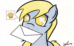 Size: 1920x1200 | Tagged: safe, artist:laptop-pone, character:derpy hooves, species:pony, cute, derpabetes, dialogue, female, food, letter, mare, mouth hold, muffin, no pupils, pictogram, solo, speech bubble
