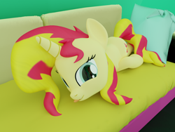 Size: 2000x1500 | Tagged: safe, artist:extremespeed slowpoke, character:sunset shimmer, species:pony, species:unicorn, 3d, blender, couch, cute, female, mare, shimmerbetes, solo, sunset shimmer day
