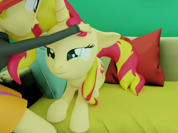 Size: 2000x1500 | Tagged: safe, artist:extremespeed slowpoke, character:sunset shimmer, species:human, species:pony, species:unicorn, my little pony:equestria girls, 3d, blender, couch, cute, female, mare, ponidox, self ponidox, shimmerbetes, sunset shimmer day