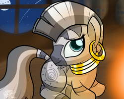 Size: 1280x1024 | Tagged: safe, artist:mister-markers, character:zecora, species:pony, species:zebra, female, mare, moon, night, prone, shooting star, solo, window