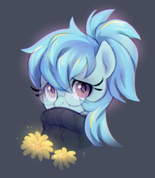 Size: 1012x1160 | Tagged: safe, artist:jumblehorse, artist:rexyseven, oc, oc only, oc:whispy slippers, species:earth pony, species:pony, bust, clothing, cute, female, flower, glasses, looking at you, mare, ocbetes, portrait, smiling, solo, sweater, three quarter view, turtleneck