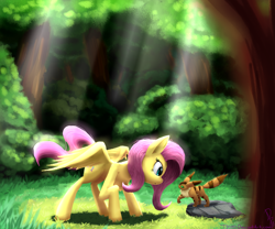 Size: 1200x1000 | Tagged: safe, artist:sonicrainboom93, character:fluttershy, species:pegasus, species:pony, g4, crossover, crouching, female, forest, hayao miyazaki, looking at each other, mare, nausicaa of the valley of the wind, profile, signature, squirrel fox, studio ghibli, teto, wings