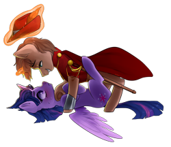 Size: 1024x885 | Tagged: safe, artist:goshhhh, character:twilight sparkle, character:twilight sparkle (alicorn), oc, oc:heroic armour, species:alicorn, species:pony, species:unicorn, blushing, canon x oc, cape, clothing, female, hat, looking at each other, male, pinned down, red mage, sword, weapon, ych result
