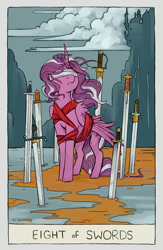 Size: 2284x3508 | Tagged: safe, artist:cuttledreams, character:diamond tiara, species:alicorn, species:pony, eight of spades, eight of swords, fanfic art, female, pony pov series, race swap, solo, sword, tarot card, weapon