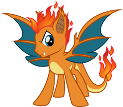 Size: 3246x2824 | Tagged: safe, artist:benybing, species:dracony, species:pony, charizard, crossover, fire, hybrid, looking at you, mane of fire, pokémon, ponified, simple background, solo, spread wings, transparent background, wings