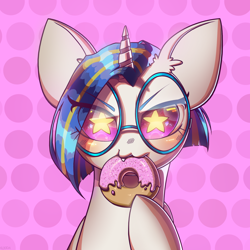 Size: 2000x2000 | Tagged: safe, artist:klooda, oc, oc only, oc:novella, species:pony, species:unicorn, abstract background, blushing, colored, donut, dots, eating, eye clipping through hair, eyelashes, fangs, female, flat colors, food, glasses, mare, nom, owo, smiling, solo, starry eyes, wingding eyes, ych result