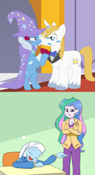 Size: 1496x2752 | Tagged: safe, artist:dcencia, artist:mew-me, character:prince blueblood, character:princess celestia, character:principal celestia, character:trixie, ship:bluetrix, my little pony:equestria girls, female, kissing, male, meme, shipping, straight, trixie's dream