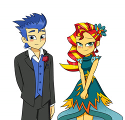 Size: 1300x1250 | Tagged: safe, artist:mew-me, character:flash sentry, character:sunset shimmer, ship:flashimmer, equestria girls:legend of everfree, g4, my little pony: equestria girls, my little pony:equestria girls, blushing, crystal gala dress, cute, female, male, shipping, simple background, straight, white background