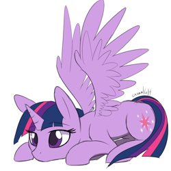 Size: 800x800 | Tagged: safe, artist:casualcolt, character:twilight sparkle, character:twilight sparkle (alicorn), species:alicorn, species:pony, birb, cute, female, mare, prone, simple background, solo, spread wings, twiabetes, white background, wings