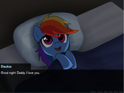 Size: 800x601 | Tagged: safe, artist:dawnmistpony, character:rainbow dash, species:pegasus, species:pony, fanfic:my little dashie, bed, blanket, cute, dashabetes, dialogue, female, filly, filly rainbow dash, hnnng, lying on bed, pillow, solo, source in the description, visual novel, younger