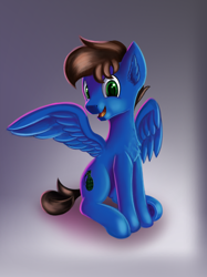 Size: 2460x3296 | Tagged: safe, artist:qbellas, oc, oc only, species:pegasus, species:pony, gradient background, sitting, solo, spread wings, wings