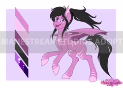 Size: 3500x2500 | Tagged: safe, artist:manestreamstudios, oc, species:bat pony, species:pony, adoptable, adopts, bat pony oc, bat wings, cute, design, happy, hooves, palette, ponytail, prancing, solo, wings