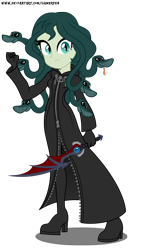 Size: 1700x2966 | Tagged: safe, artist:gamerpen, oc, oc:medusa, my little pony:equestria girls, crossover, disney, equestria girls-ified, gorgon, kingdom hearts, looking at you, medusa, organization xiii, simple background, snake, solo, transparent background, weapon