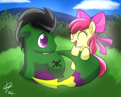 Size: 1024x819 | Tagged: safe, artist:mister-markers, character:apple bloom, oc, oc:bio, species:earth pony, species:pony, duo, female, filly, happy, prone, smiling