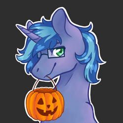Size: 1650x1650 | Tagged: safe, artist:flaming-trash-can, oc, species:pony, species:unicorn, pumpkin, pumpkin bucket, simple background, solo, ych result