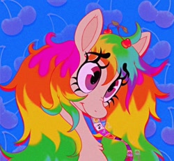 Size: 1024x946 | Tagged: safe, artist:littmosa, oc, oc:cacophony, species:pony, bust, cherry, curly hair, curly mane, cute, eyelashes, female, food, long eyelashes, looking up, mare, multicolored hair, nose wrinkle, pigtails, portrait, rainbow, rainbow hair, scrunch, shy, smiling, solo