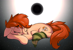 Size: 5044x3445 | Tagged: safe, artist:rexyseven, oc, oc only, oc:rusty gears, species:earth pony, species:pony, clothing, eye clipping through hair, eyes closed, female, freckles, mare, prone, sleeping, socks, solo, space, striped socks