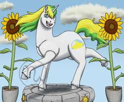 Size: 2200x1800 | Tagged: safe, artist:azurllinate, oc, oc only, oc:sol bright, species:pony, species:unicorn, blue eyes, cheering up, cloud, cloven hooves, cutie mark, flower, flower pot, green hair, happy, hooves, legs raised, looking at you, male, muscles, muscular stallion, open mouth, pedestal, performing, smiling, solo, stone pedestal, strong, sunflower, two toned mane, two toned tail, unicorn oc, yellow hair