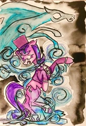 Size: 1024x1503 | Tagged: safe, artist:colorsceempainting, character:snowfall frost, character:starlight glimmer, species:pony, species:unicorn, clothing, glasses, hat, magic, top hat, traditional art, watercolor painting, windigo