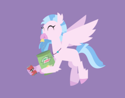 Size: 2364x1852 | Tagged: safe, artist:gd_inuk, character:silverstream, species:classical hippogriff, species:hippogriff, chips, claw hold, crumbs, doritos, eating, eyes closed, female, flying, food, jewelry, lineless, logo parody, mountain dew, necklace, purple background, simple background, solo