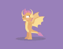 Size: 2085x1619 | Tagged: safe, artist:gd_inuk, character:smolder, species:dragon, blank eyes, blushing, dragoness, empty eyes, fangs, female, hands behind back, horns, lineless, nervous, no pupils, one eye closed, purple background, simple background, solo, spread wings, standing, wings
