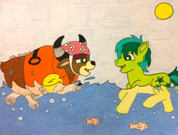 Size: 3691x2805 | Tagged: safe, artist:jamestkelley, character:sandbar, character:yona, species:earth pony, species:pony, species:yak, ship:yonabar, bubble, cloven hooves, colored pencil drawing, female, fish, happy, horns, lifejacket, male, ocean, shipping, splash, straight, sun, swimming, teaching, traditional art, water wings