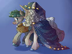 Size: 4032x3024 | Tagged: safe, artist:heyerika, character:star swirl the bearded, character:stygian, species:pony, species:unicorn, alternate design, colored hooves, eyes closed, glasses, male, simple background, walking