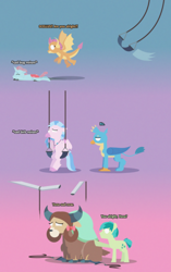 Size: 2998x4788 | Tagged: safe, artist:gd_inuk, character:gallus, character:ocellus, character:sandbar, character:silverstream, character:smolder, character:yona, species:changeling, species:classical hippogriff, species:dragon, species:earth pony, species:griffon, species:hippogriff, species:pony, species:reformed changeling, species:yak, inktober, blank eyes, bow, broken, concerned, consoling, denial, dialogue, dragoness, empty eyes, female, flying, frown, gallus is not amused, gradient background, hair bow, horns, inktober 2019, jewelry, lineless, male, monkey swings, necklace, no, no mouth, no pupils, quadrupedal, sad, sitting, student six, stylized, swing, swing set, unamused
