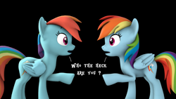 Size: 1920x1080 | Tagged: safe, artist:lance-pizon, character:rainbow dash, species:pegasus, species:pony, 3d, black background, conversation, dialogue, doppelganger, duality, female, mare, open mouth, ponidox, raised hoof, revamped ponies, self ponidox, sfm pony, simple background, source filmmaker, talking, text, updated design, wings