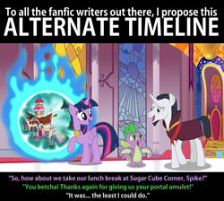 Size: 1811x1622 | Tagged: safe, artist:ultrathehedgetoaster, editor:ultrathehedgetoaster, character:chancellor neighsay, character:spike, character:twilight sparkle, character:twilight sparkle (alicorn), species:alicorn, species:dragon, species:pony, canterlot, fake screencap, fake screenshot, ponyville, portal, post season 9 story prompt, problem solved, winged spike
