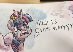 Size: 2146x1537 | Tagged: safe, artist:jimmyjamno1, character:twilight sparkle, character:twilight sparkle (alicorn), species:alicorn, species:pony, big crown thingy, crying, element of magic, end of ponies, female, in-universe pegasister, jewelry, regalia, series finale blues, solo, traditional art, watercolor painting, wings